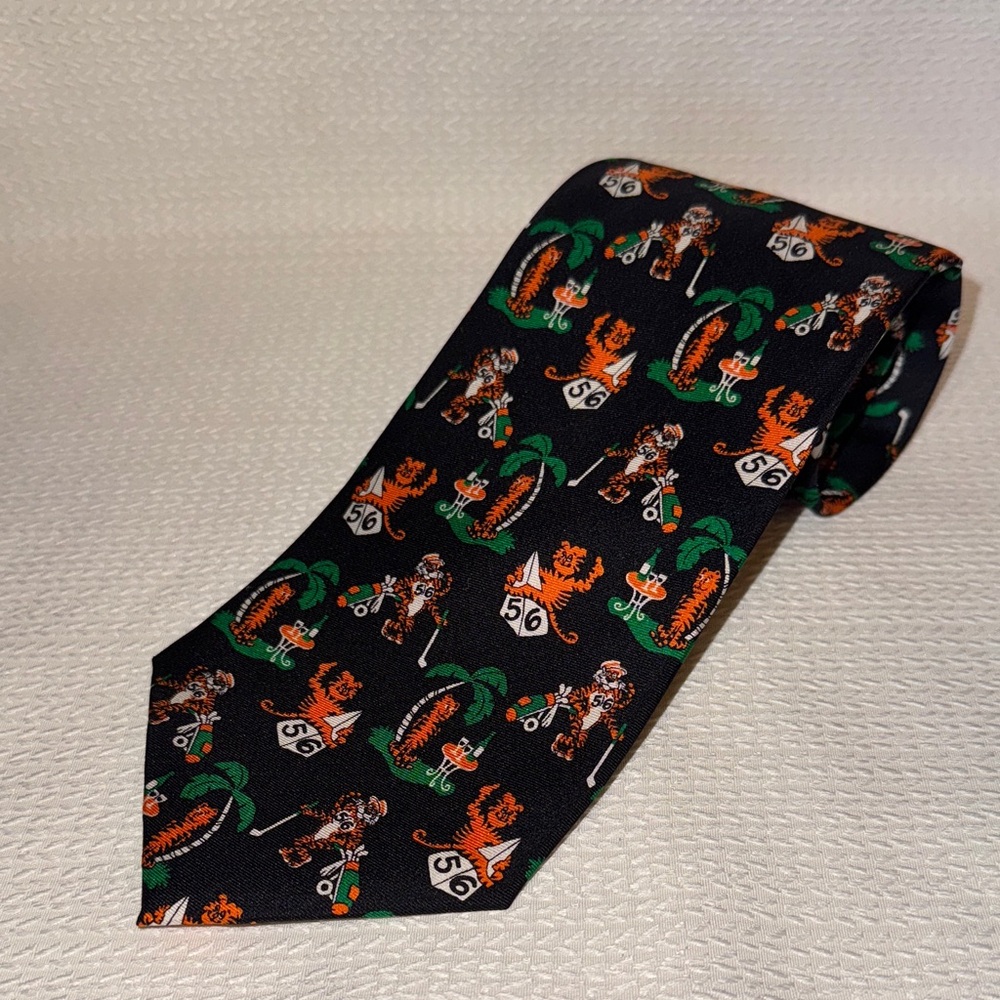 Golfing Tiger Black Tie with Orange and Green Cartoon Print